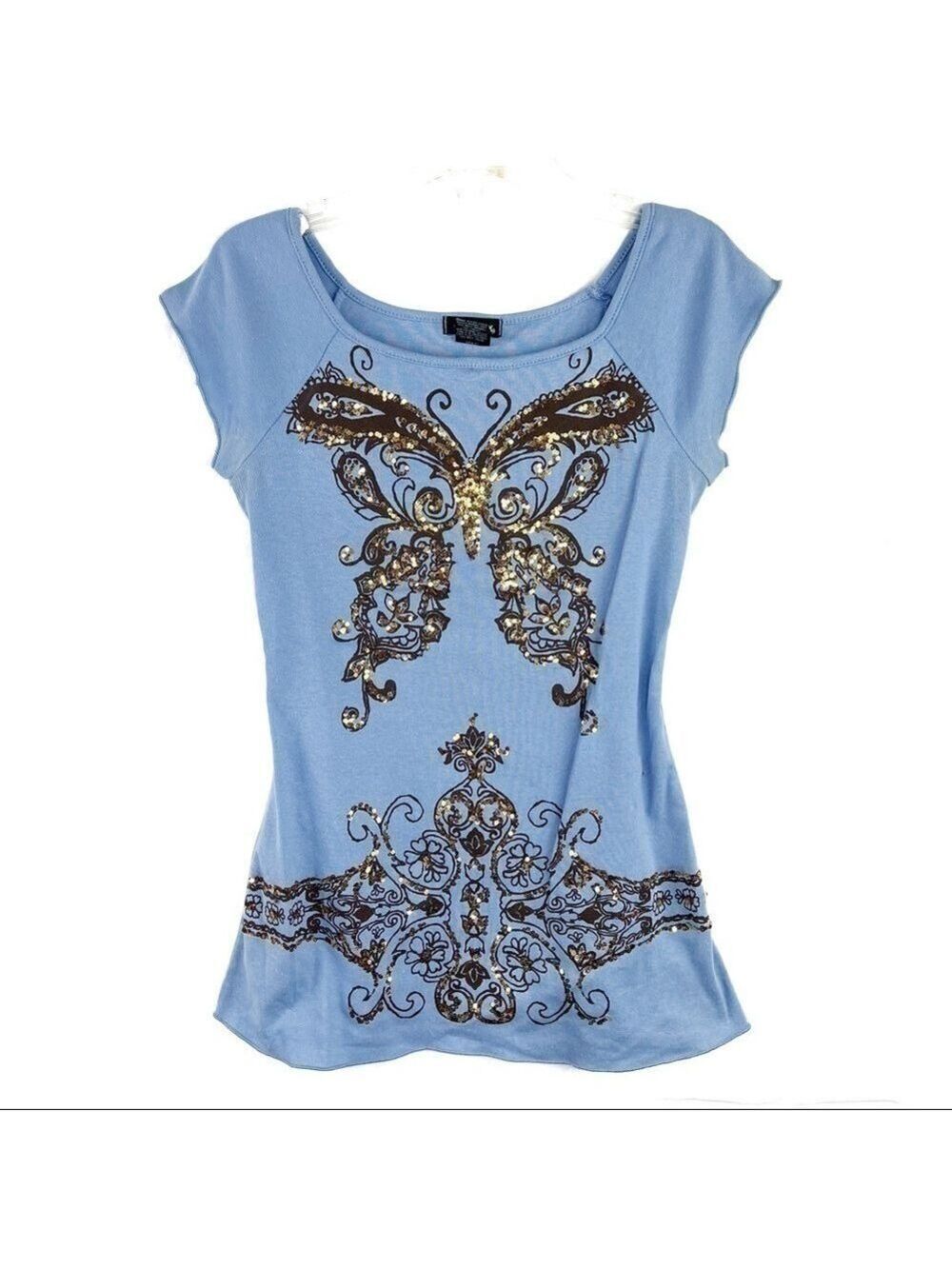NEW-NO Tags-Vintage Eyeshadow Purple Blue Cap Sleeve print Sequin Top SZ Medium